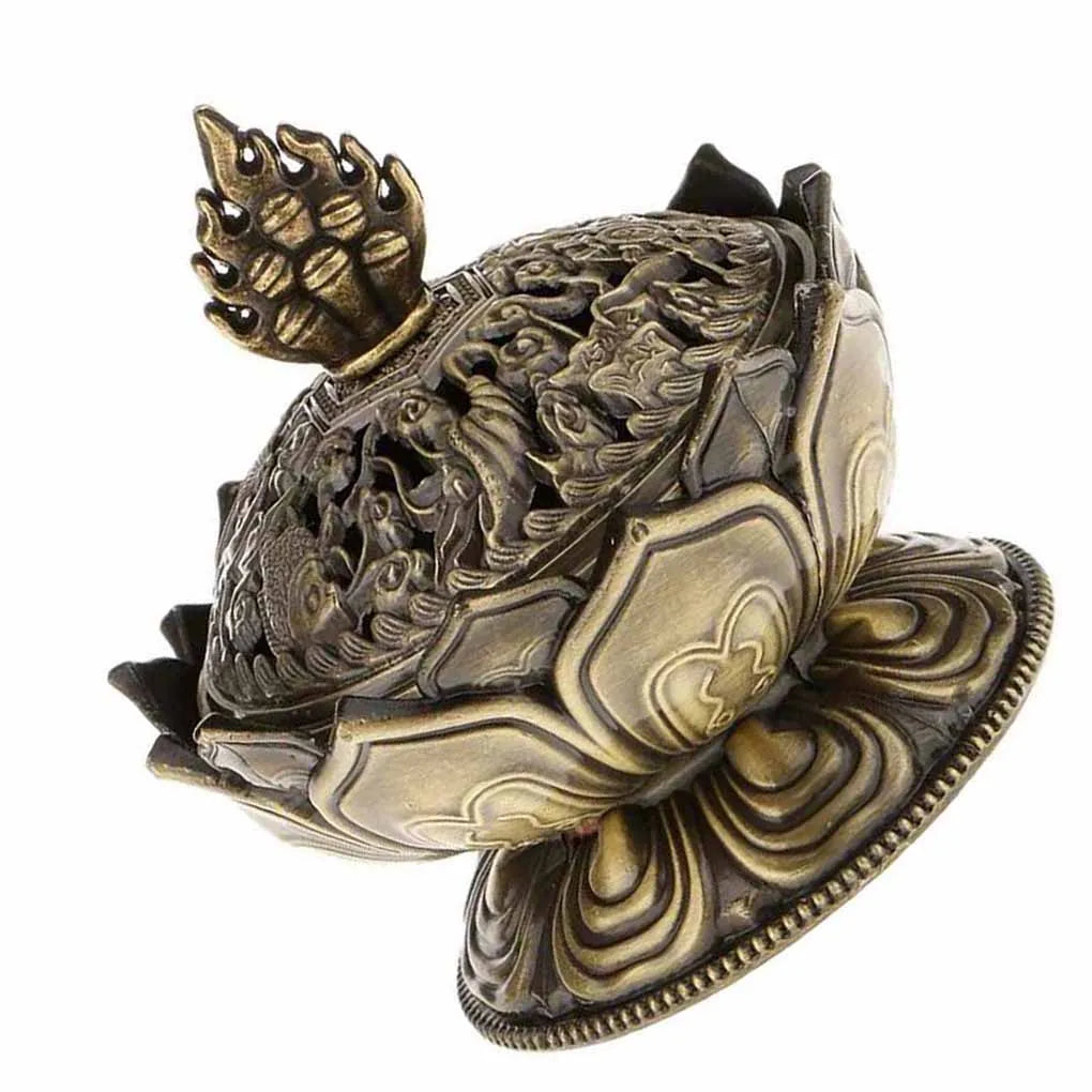 Alloy Incense Burner Classical Buddhist Flower Handmade Censer Bronze Wear-resistant Aroma Stove Adorn for Yoga Studios