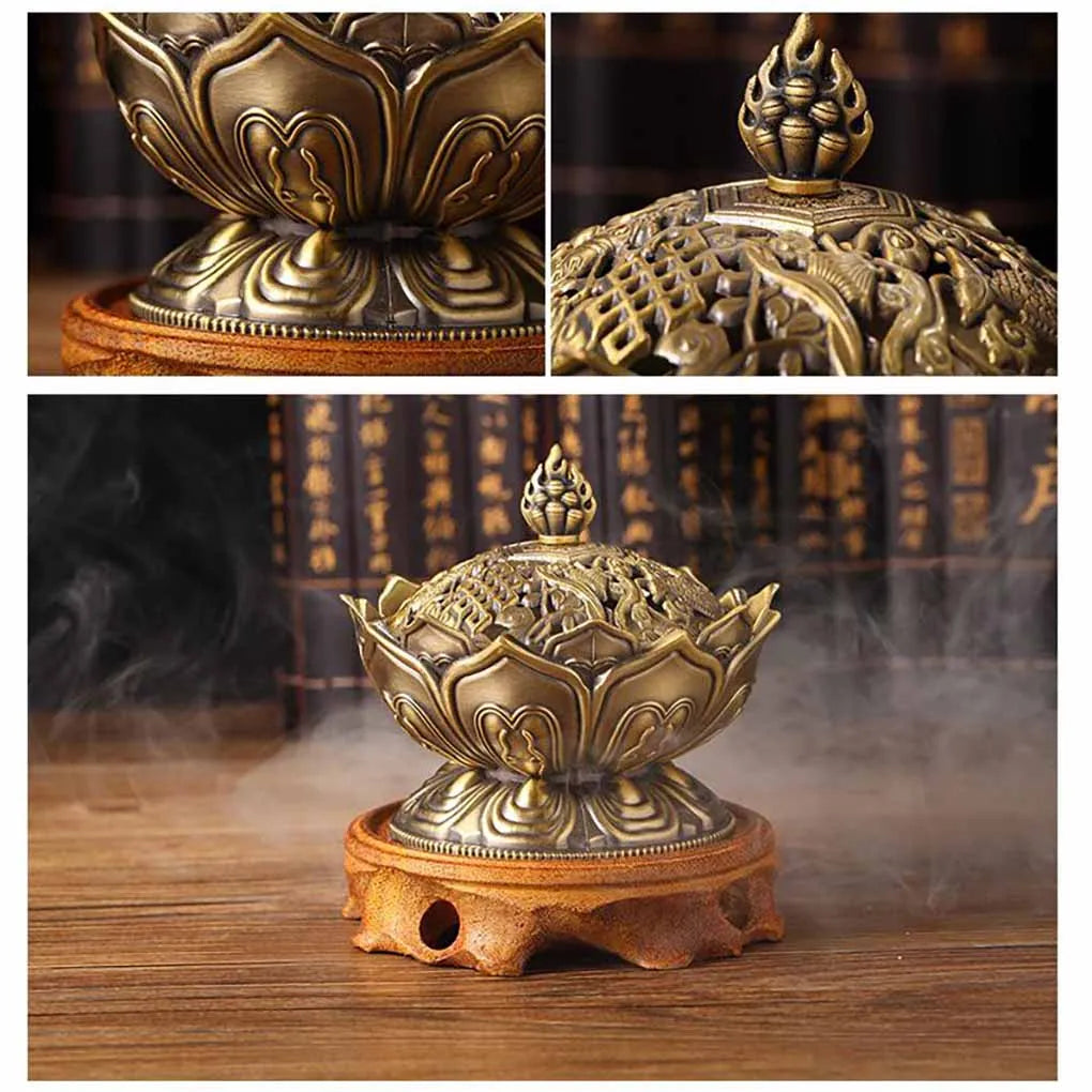 Alloy Incense Burner Classical Buddhist Flower Handmade Censer Bronze Wear-resistant Aroma Stove Adorn for Yoga Studios