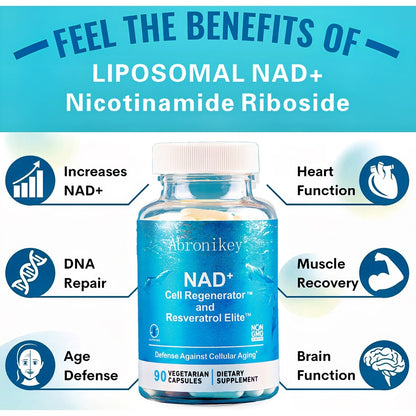 Abronikey NAD Cell Regenerator And Resveratrol Elite - Nads Niacinamide Riboside Supplement - With Trans- Resveratrol, Quercetin - Energy,Focus- 90 Capsule Dietary